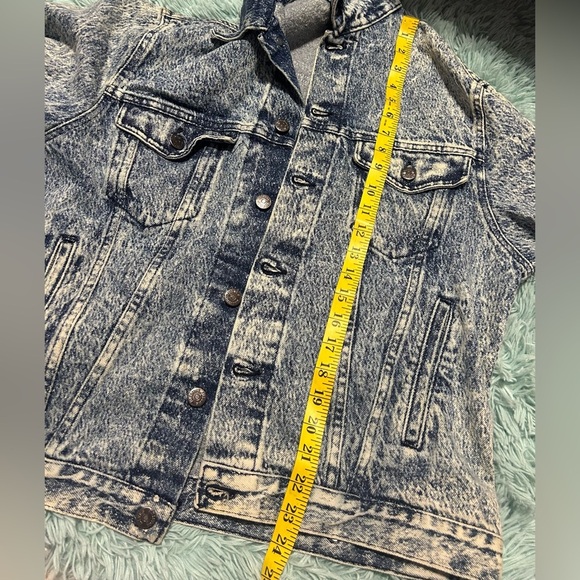 Vintage Mens Acid Wash Denim Trucker Jacket Size L Hand Painted Wolf 90's Nature - Picture 7 of 8